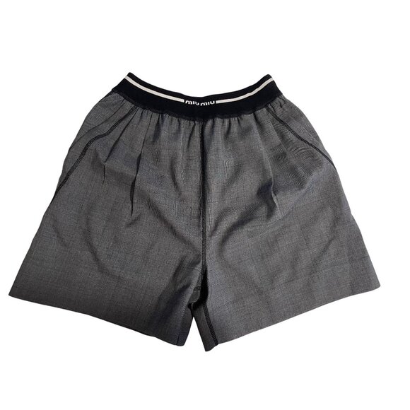 Miu Miu Gray Plaid Wool-Blend Elastic Waist Shorts For Women - Picture 1 of 14